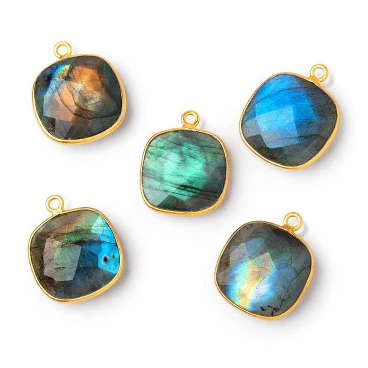 The Bead Traders - Wholesale Individual Charm/Pendant - 16mm Vermeil Bezeled Labradorite Faceted Cushion Pendant 1 Bead