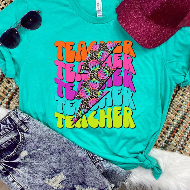 Teacher Neon Leopard Print Lightening Bolt Everyday Tee for wholesale by Trendy Tee Co.