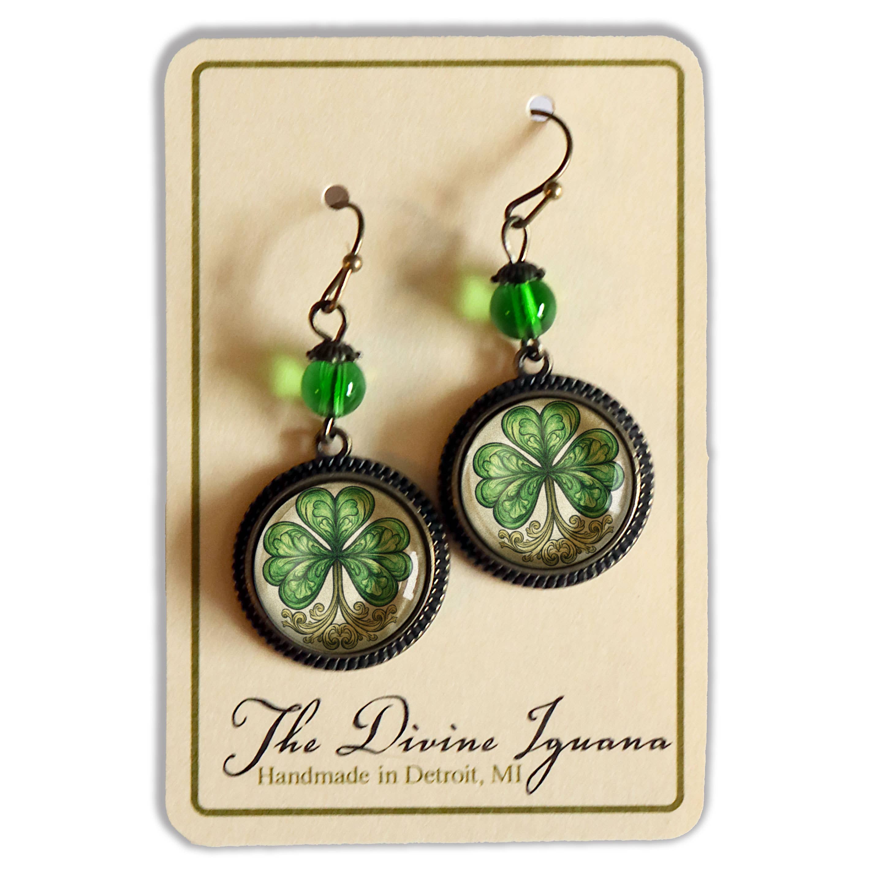 The Divine Iguana - Wholesale Dangle Earrings - Classic Shamrock Glass Cabochon St Patrick's Day Earrings2