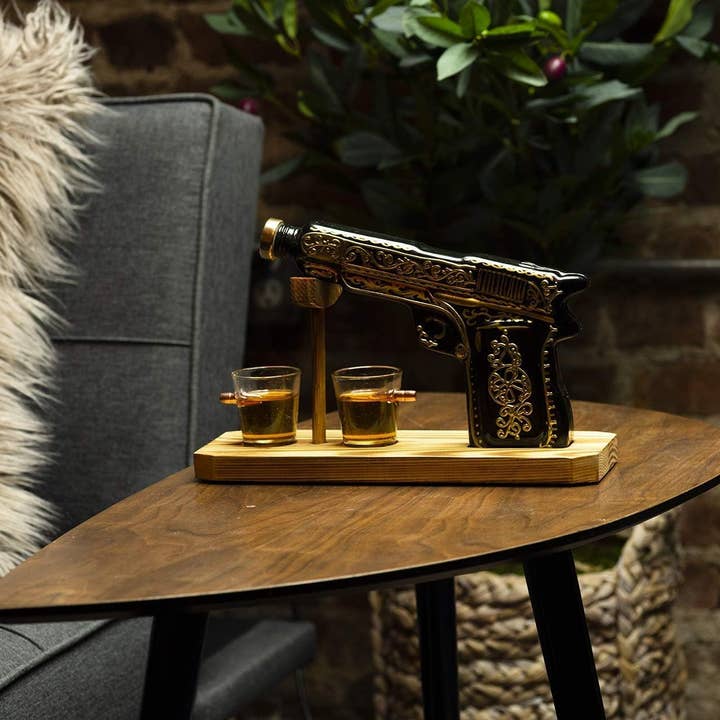 The Wine Savant / Khen Glassware - Wholesale Decanter - Glass Hand Painted Pistol Gun Decanter & Shot Glasses Set4