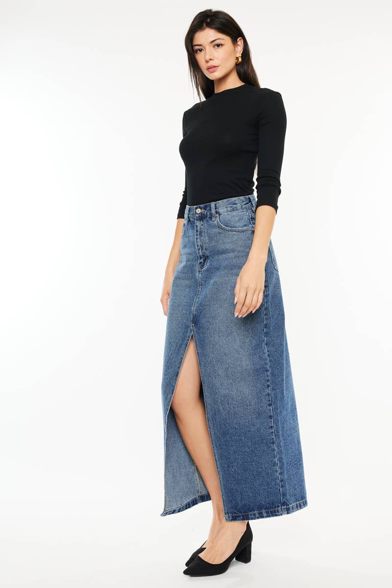 GEMIDDELDE 90's denim maxi-rok met middennaad en ritssluiting voor groothandel op Faire1