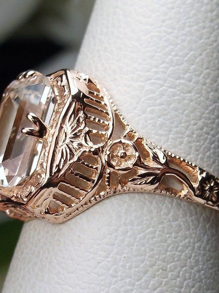 Natural White Topaz Rose Gold Edwardian Floral Ring #148 for wholesale by Silver Embrace Jewelry