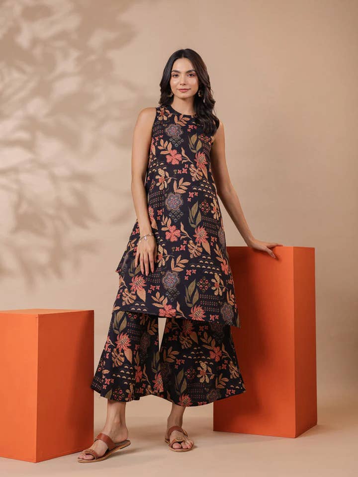 Black Printed Sleeveless Cotton Kurta & Pants Set for wholesale by Jaipur Morni USA