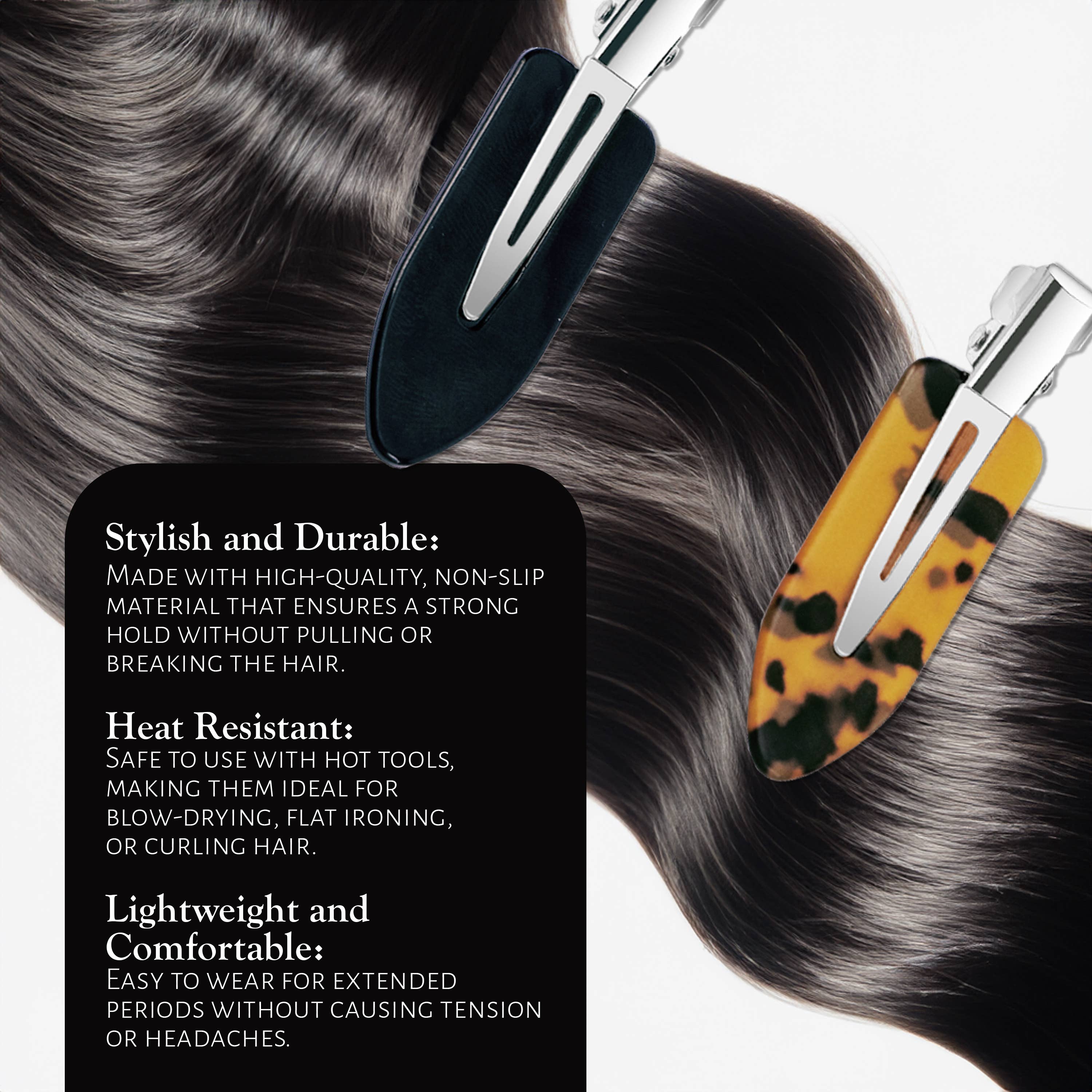 Market Fresh Beauty - Wholesale Hair Clip - Women's - Market Fresh Beauty Creaseless Hair Clips, 8 Pack - No-Crease Hair Styling Clips for Sectioning, All Hair Types, Heat Styling & Makeup Application - Tortoise & Black Clips, Non-Slip & Durable Design3