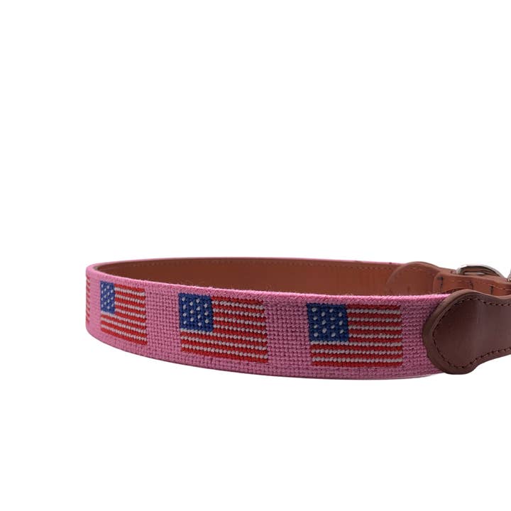 Needlepoint Dog Collar- Pink American Flag Design for wholesale by Baldwin Belts