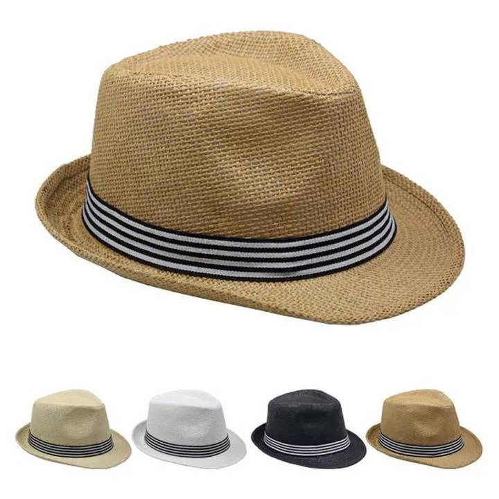 Adult Straw Trilby Fedora Hat with Black & White Strips Band for wholesale by Deluxe Import Trading