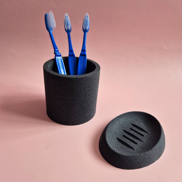 Black bathroom accessory set, toothbrush holder + soap dish for wholesale by The Sage Rose Studio