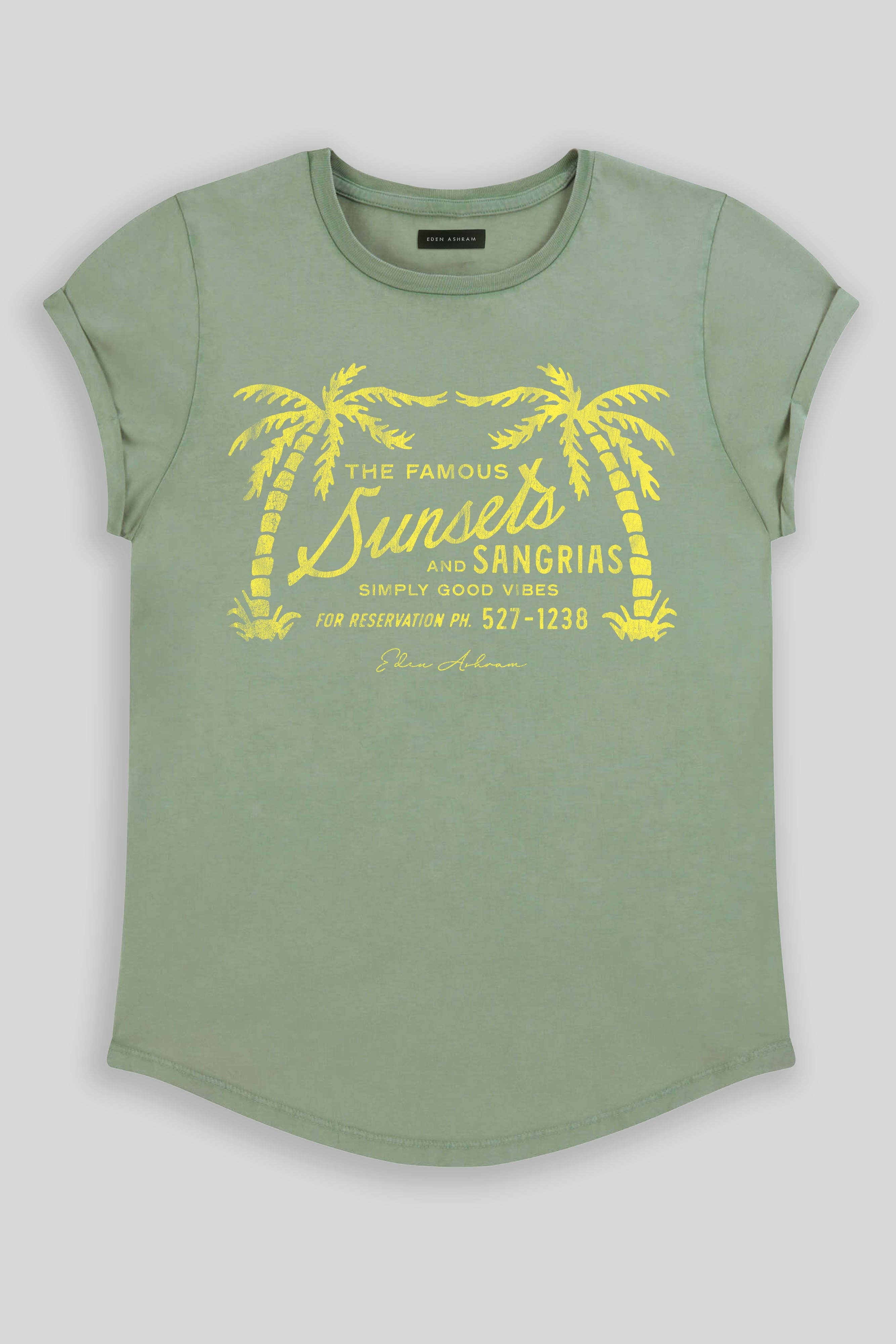 Eden Ashram – wholesale Screen printed t-shirt – Women′s – The Famous Sunsets and Sangrias Premium Rolled Sleeve T-Shirt4