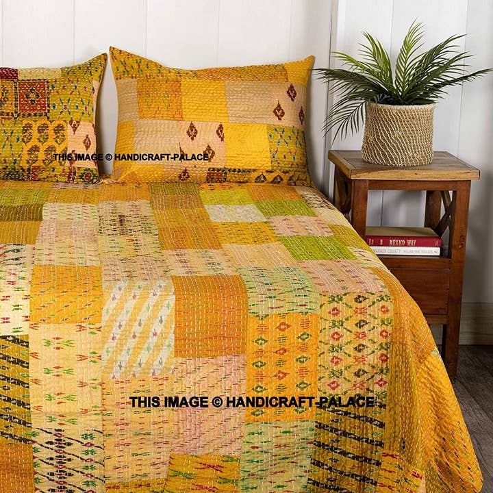 GYPSY STUDIO - Vente Courtepointe - Couvre-lits Kantha en soie indienne taille king patchwork Patola marron1