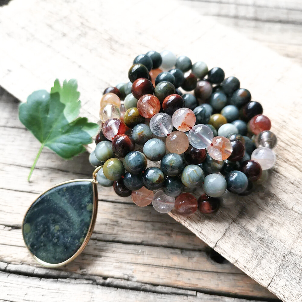 Harmony Mala - Wholesale Prayer Beads Necklace - Red Tiger Eye, Fire Quartz, and Green Eagle Eye Mala Bead Necklace – Grounding & Vitality7