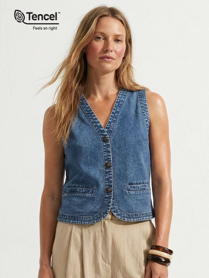 Tencel Acid Wash Denim Vest for wholesale by Naked Zebra