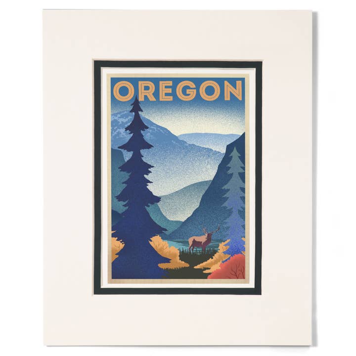 MATTED PRINTS Oregon, Elk & Mountain, Lithograph for wholesale by Lantern Press