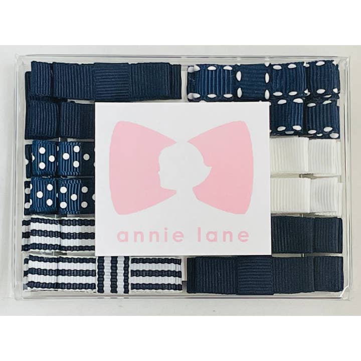 Box of 12 hair bows - navy and white pairs for wholesale by Annie Lane