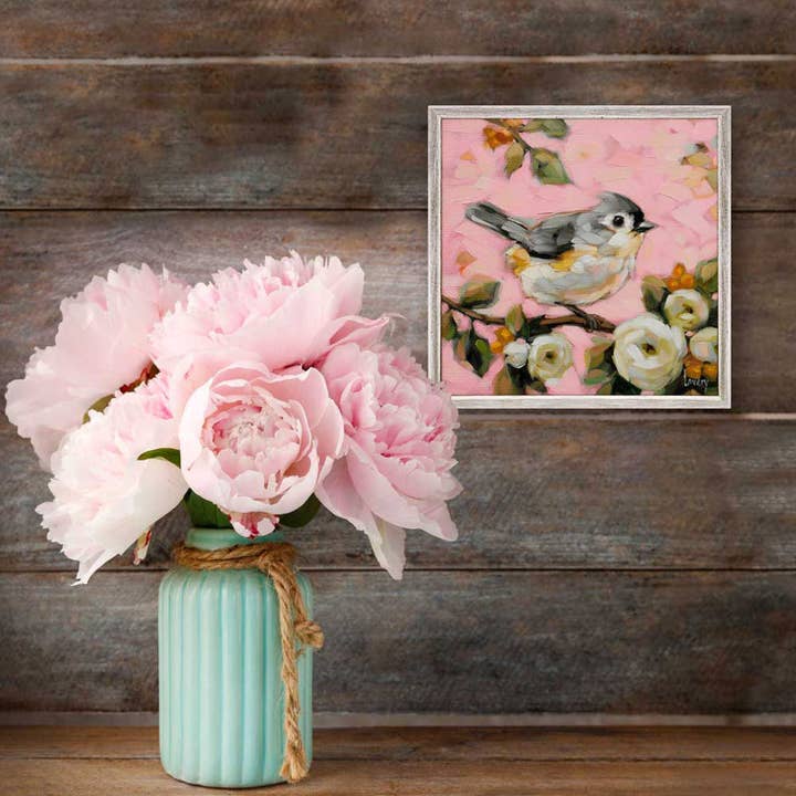 Cincia trapuntata su mini tela rosa incorniciata per la vendita all'ingrosso da parte di GreenBox Art