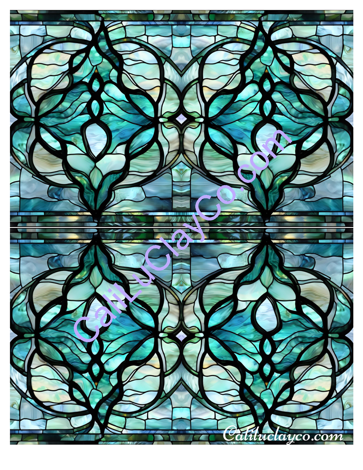 CaliLu Clay Co. - Wholesale Craft Supplies - Teal Stained Glass Pattern #21 Mirrored Polymer Clay Water-Soluble Transfer Sheet / Tattoo Paper0