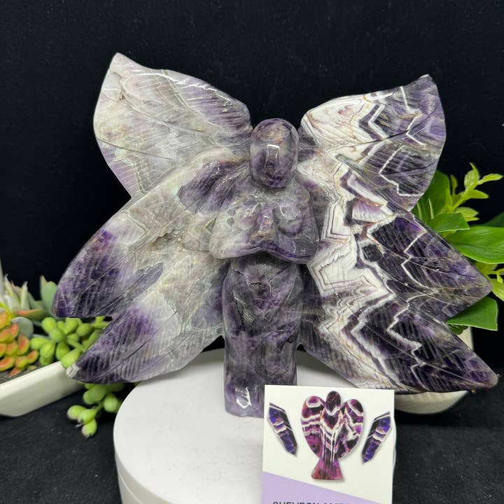 XL Chevron amethyst winged angel goddess 3.2 lb carving G974 for wholesale by The 7 Directions