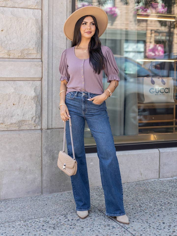 Scoop Neck Puff Sleeve Top In Mystic Purple for wholesale on Faire1