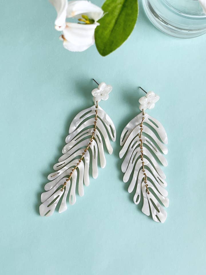 acrylic boho statement dangle earrings - feather frost for wholesale by Pearl and Ivy Studio