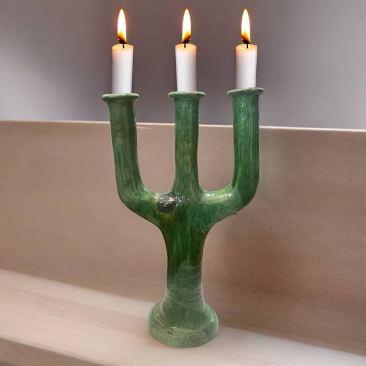 Moroccantastics - Wholesale Candle Holder - Handcrafted Moroccan Green Tamegroute Large 3-Branch Candlestick Holder2