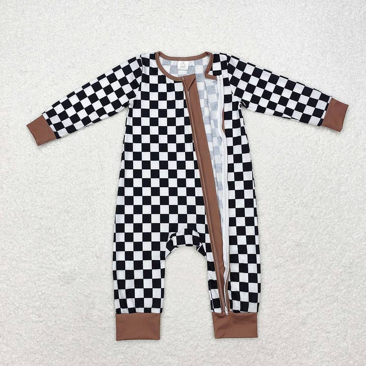 Aier Wholesale - Wholesale Jumpsuit – Baby - Baby Infant Boys Fall Black Checkered Zip Bamboo Rompers1