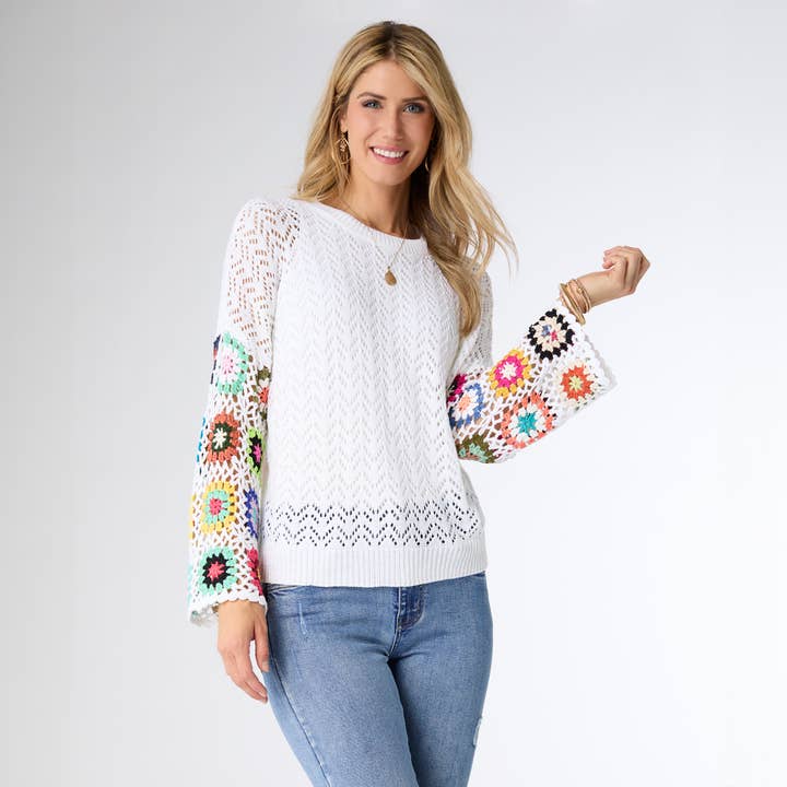 White Edie Lightweight Sweater with Crochet Sleeve for wholesale on Faire
