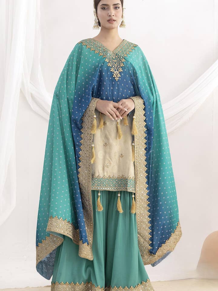 Teal Simmer Jacquard Zijde Kameez Met Attech Kaftan Met Sharara Voor Indiase & Pakistaanse Bruiloft Festival - Pailletten & Draad Borduurwerk, Printwerk voor wholesale door HATKE BRIDE