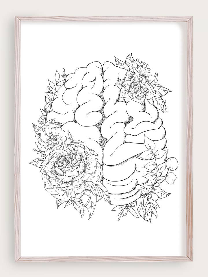 Impresión artística anatómica floral del cerebro | Arte floral de líneas finas para venta al por mayor de Sarah May Arts