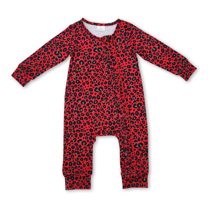Green red leopard baby girls Christmas zipper romper for wholesale by Yawoo Garments