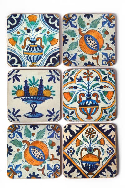 MUSEUM WEBSHOP - Vente Sous-verre - Dessous de verre, ensemble de 6, carreaux polychromes bleu de Delft Fleur-fruit1