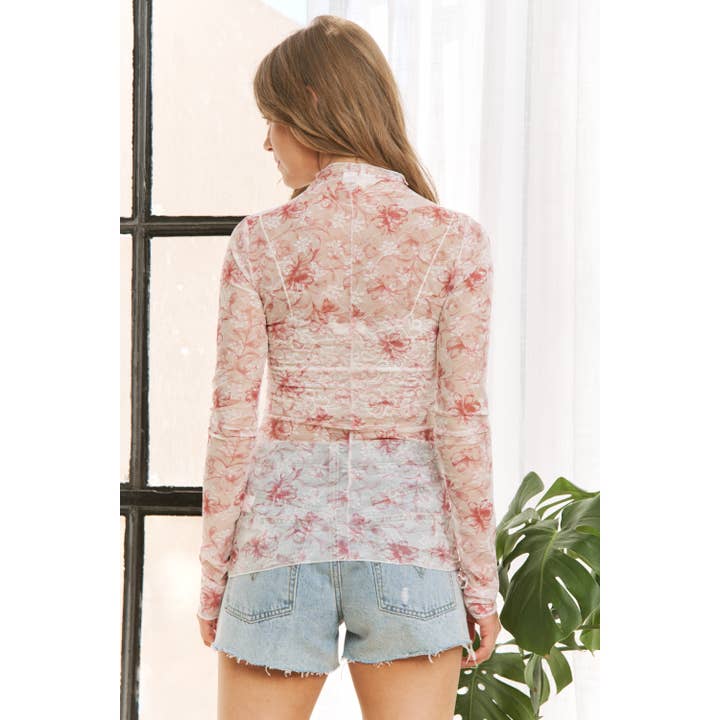 Sweet Generis - Wholesale Knit Top - Women's - CUTE MESH FLORAL PRINT HIGH NECK DESIGN LONG SLEEVE FITTED T8
