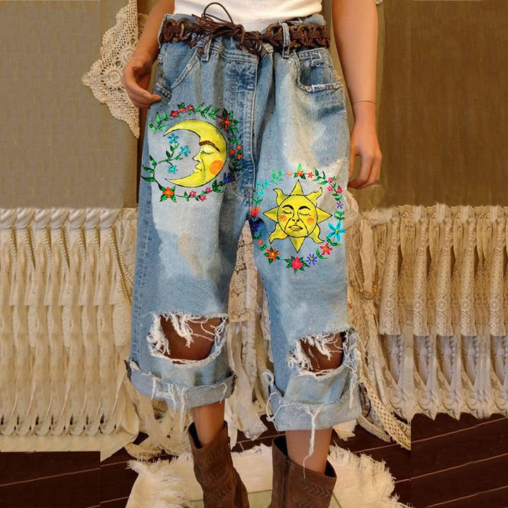 Tourtiwi - Wholesale Jeans - Women's - Women's sun face moon print ripped loose jeans2