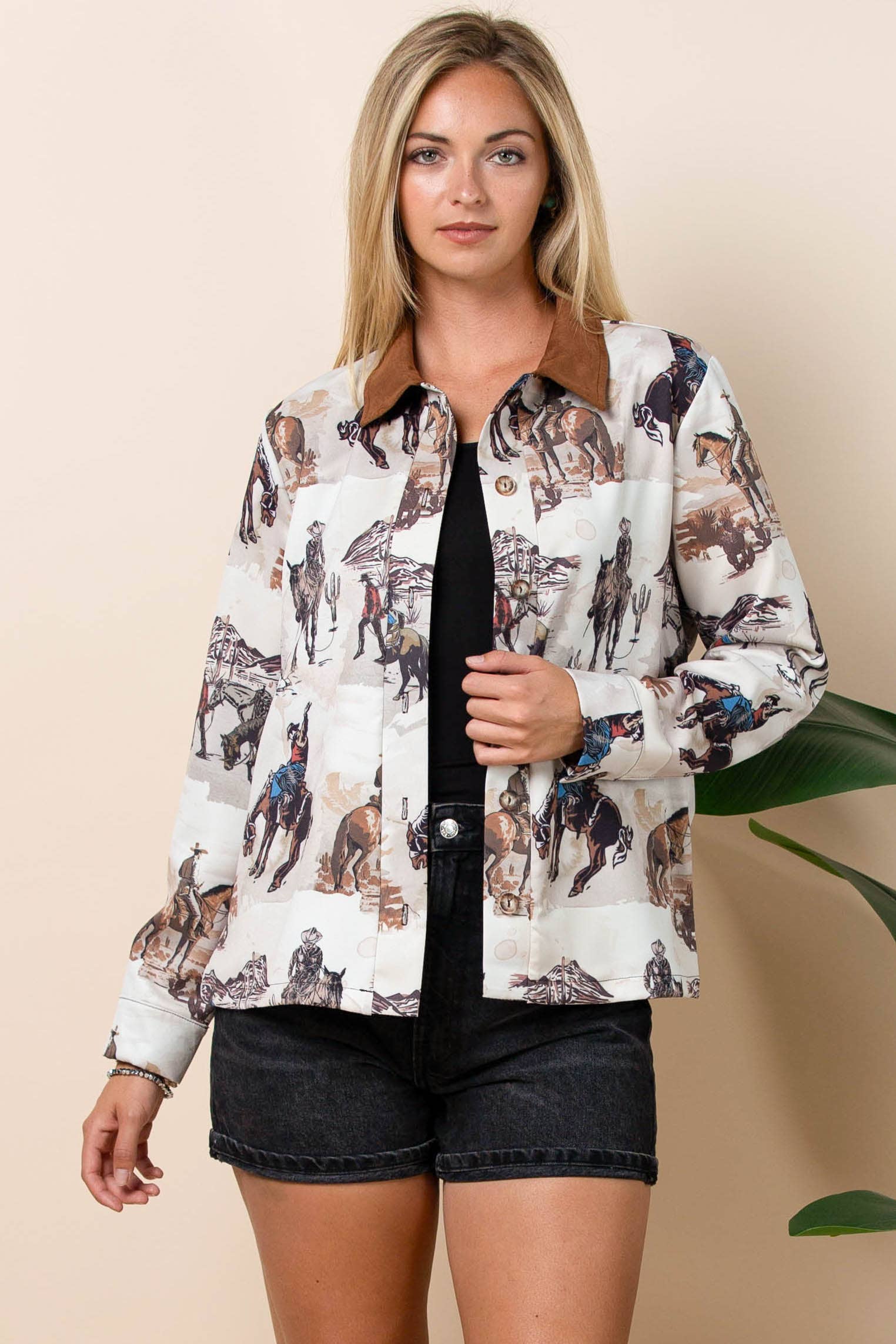 Khaki Multi AT1317-AUDREY WESTERN PRINT LIGHT WEIGHT BARN JACKET for wholesale on Faire9