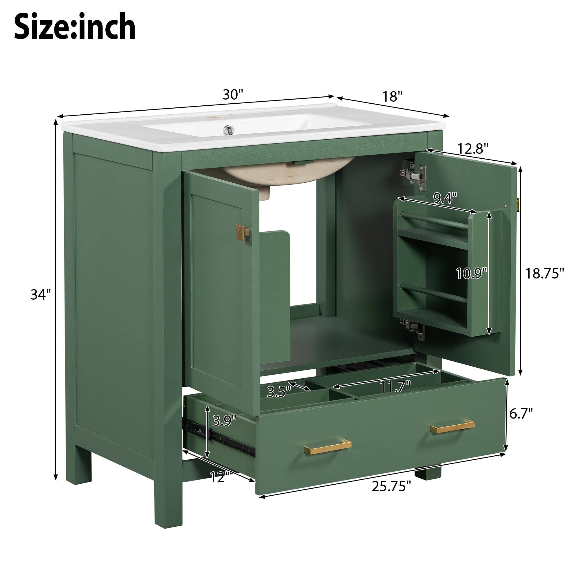 Orange County Decor - Wholesale Cabinet - 30 Inch Green Bathroom Vanity With Single Sink, Combination Under Counter Sink, Bathroom Storage Cabinet With 2 Doors And A Drawer, Soft Closure, Multifunctional Storage Wf324043 Green Bathroom6