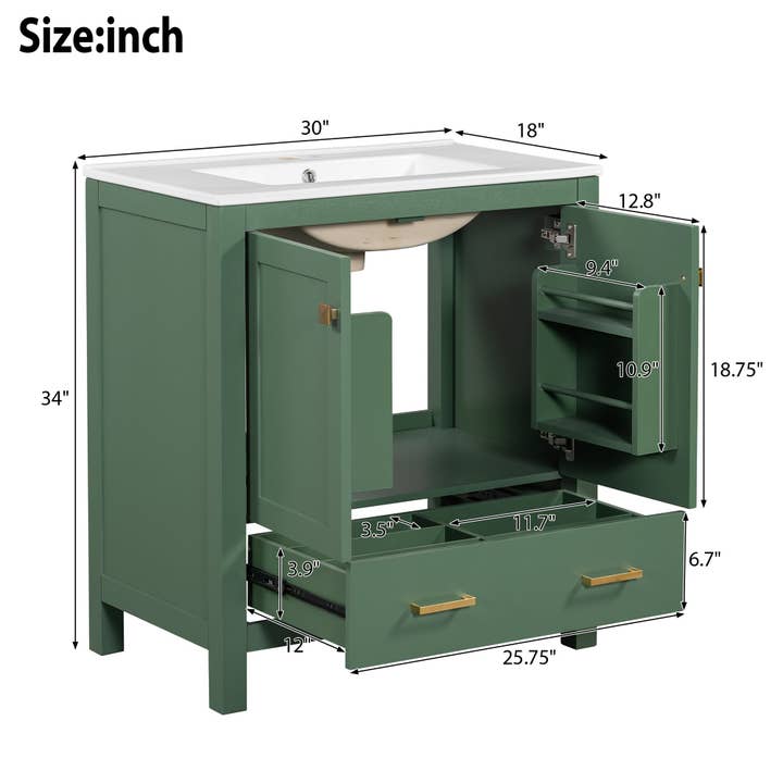 Orange County Decor - Wholesale Cabinet - 30 Inch Green Bathroom Vanity With Single Sink, Combination Under Counter Sink, Bathroom Storage Cabinet With 2 Doors And A Drawer, Soft Closure, Multifunctional Storage Wf324043 Green Bathroom6