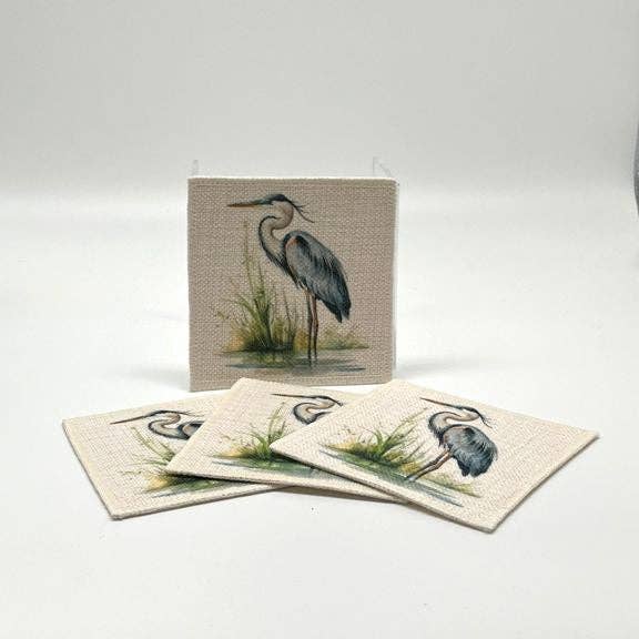 Blue Heron Coasters (linen - set of 4) for wholesale by JD & Company
