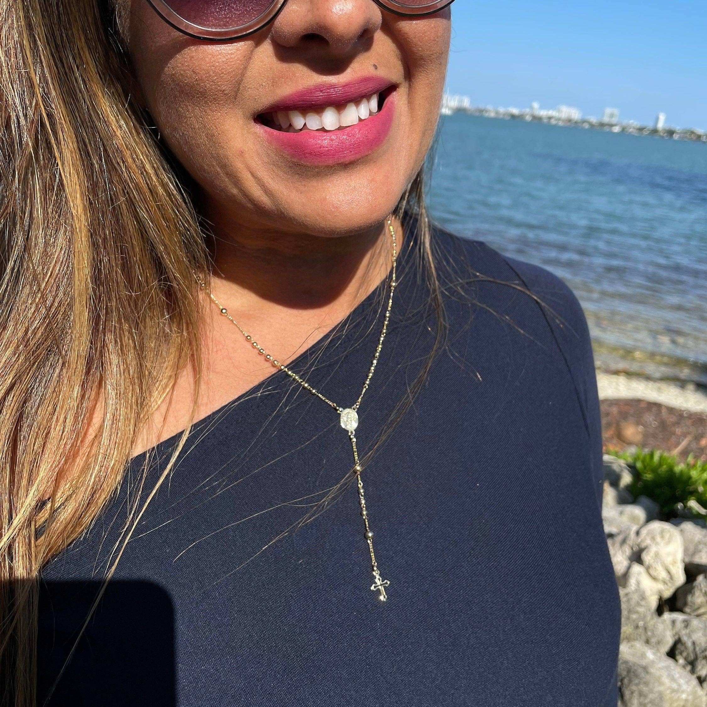 Milie - Wholesale Prayer Beads Necklace - 18k GF Rosary Necklace: Beaded Virgin Mary Medal, Tiny Cross3