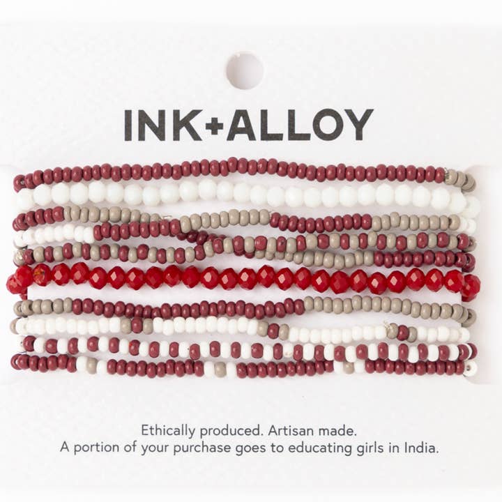 INK + ALLOY - Wholesale Beaded Bracelet - Game Day Beaded 10 Strand Stretch Bracelet Set Maroon + White Wholesale3