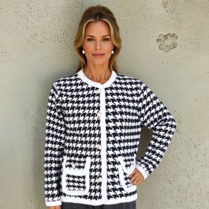 Black and White Dogtooth Soft Cardigan for wholesale by PEACH ACCESSORIES