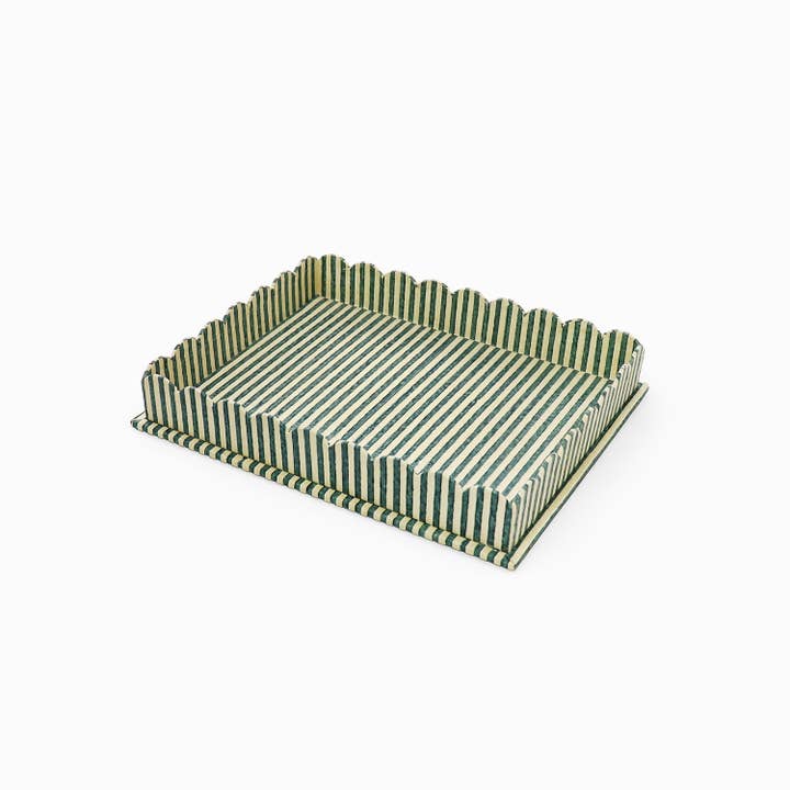 Craft Boat - Wholesale Decorative Tray - BLOCK PRINTED RECTANGULAR SCALLOPED TRAY - BLUE/BROWN 2