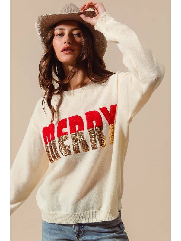Vanilla Monkey - Wholesale Knit Sweater - Women's - Sequin Merry Lettering Christmas Sweater