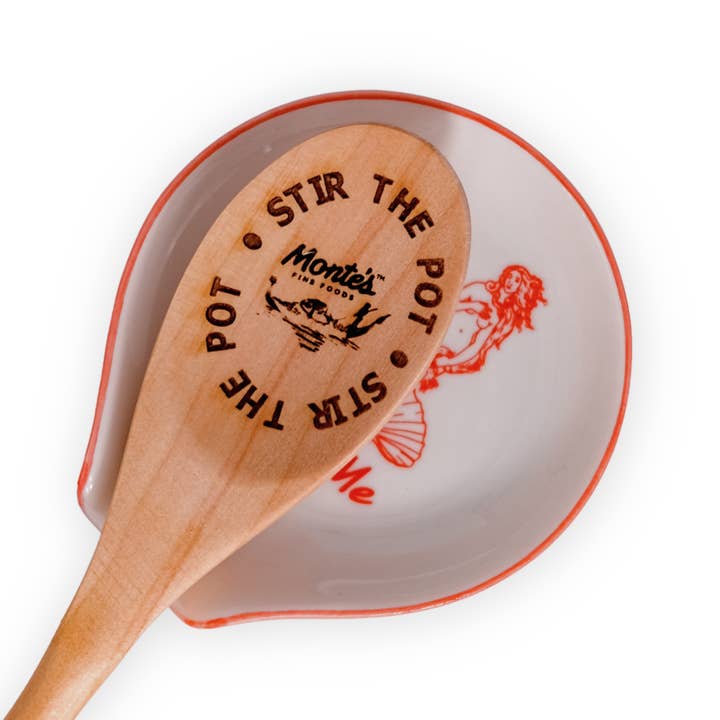 Monte’s Fine Foods - Wholesale Kitchen Spoon - "Spoon Me" Rest & "Stir The Pot" Wooden Spoon Bundle