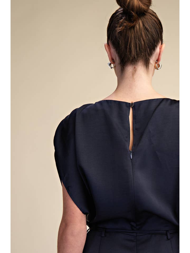 Glam - Wholesale Dress - Women's - Round Neck Waist Tie Back Slit Midi Dress5