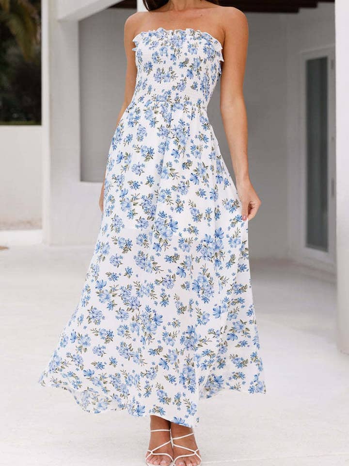 Boho Blue Floral Strapless Smocked tube Flare Midi Dress for wholesale by Rosa Clothing