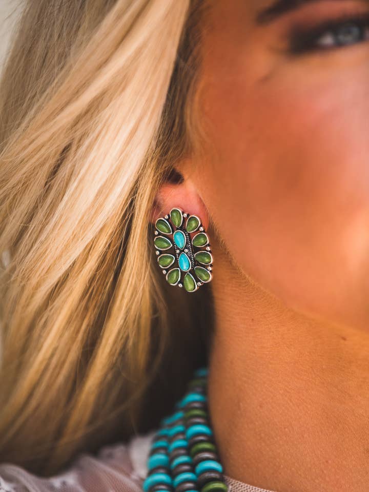 1.25" Turquoise and Green Oval Cluster Post Earring for wholesale by West & Co.