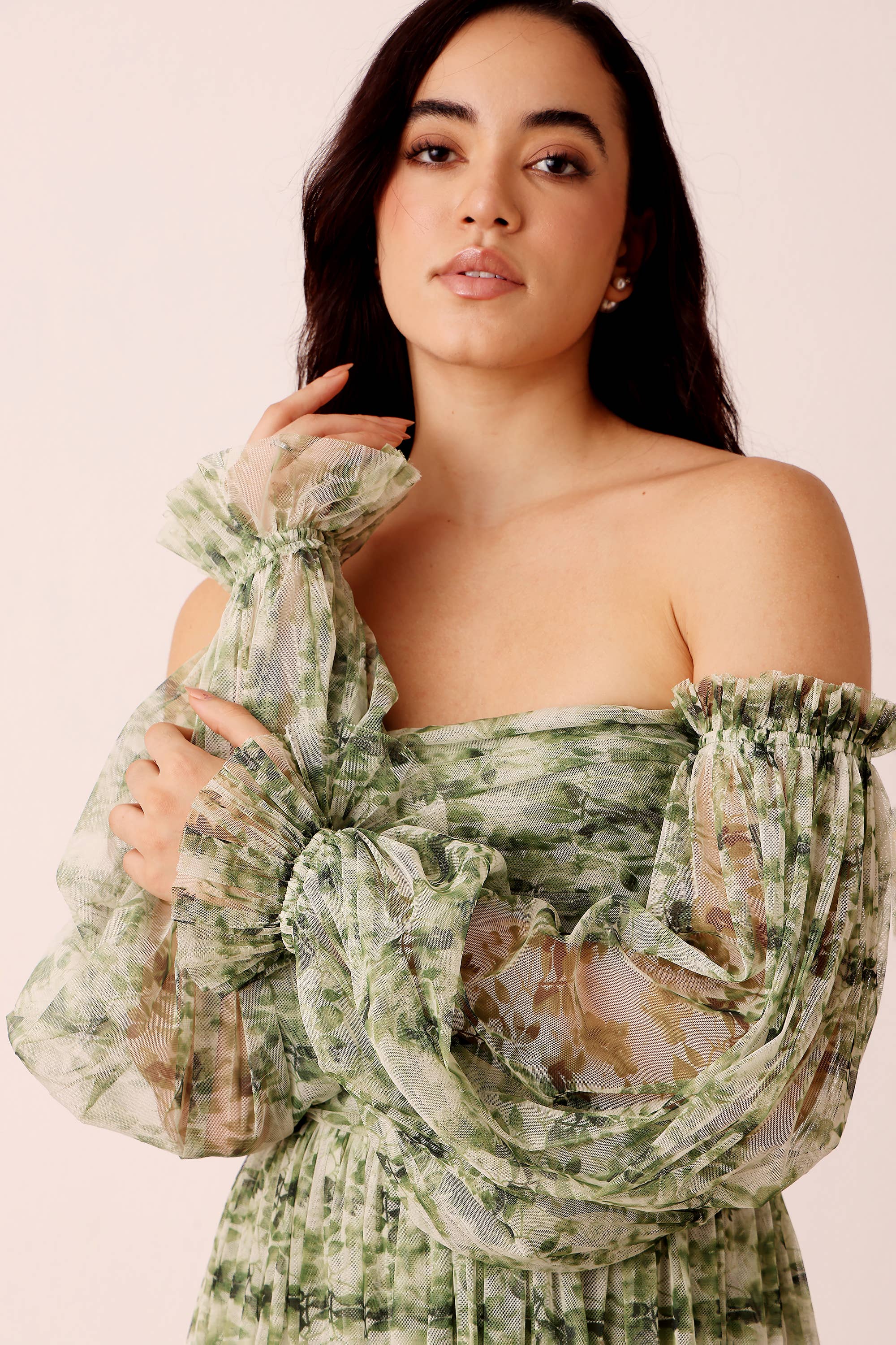 Lana Green Floral Printed Tulle Dress for wholesale on Faire4