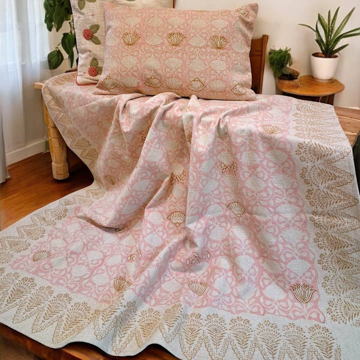 Handblock Printed Embroidered Linen Throw Blanket | Handmade and other Purchase Wholesale home textile. Free Returns & Net 60 Terms on Faire trending on Faire.