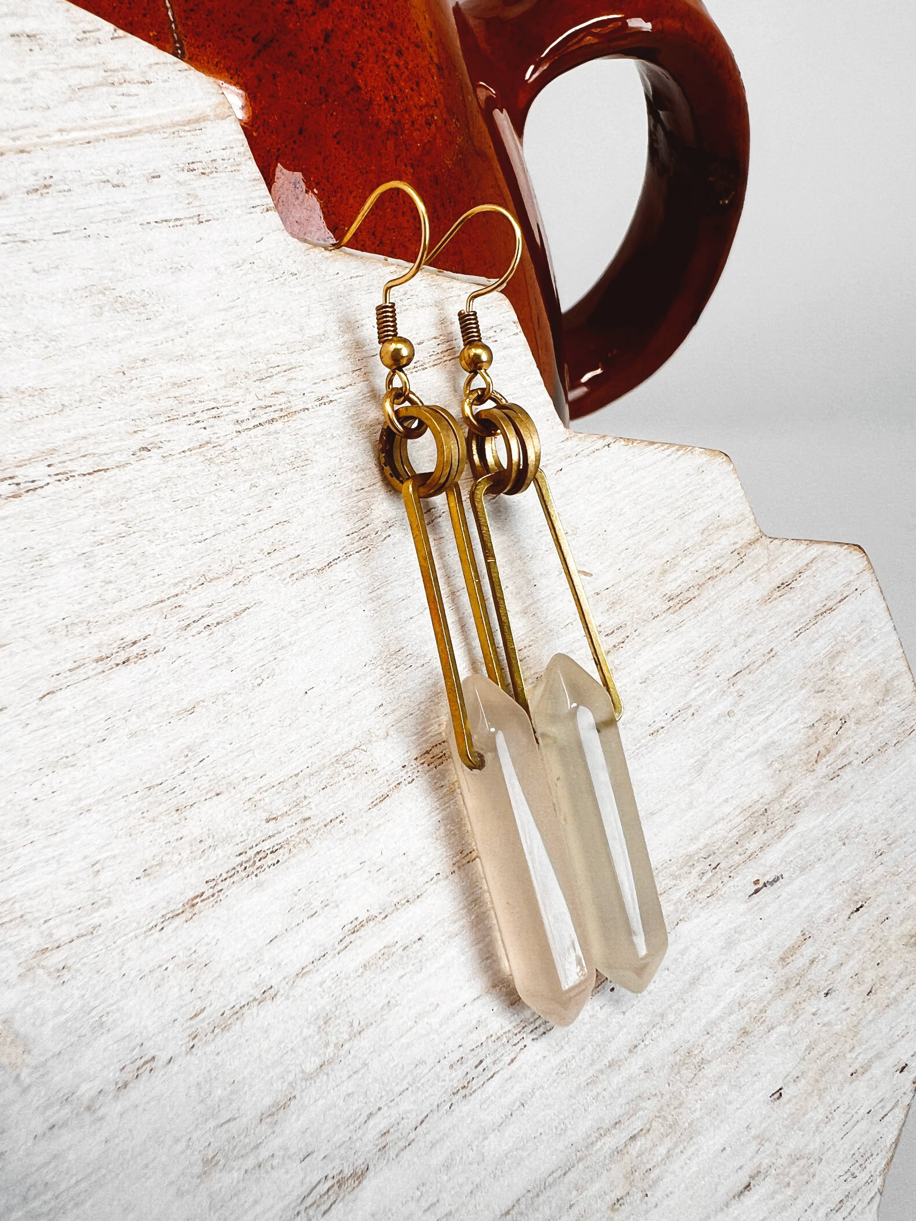 Permanent Baggage - Wholesale Dangle Earrings - Modern Geometric Rose Quartz Point & Brass Dangle Earring3