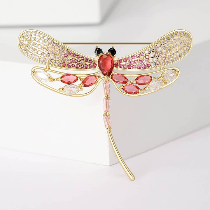 Cubic Zirconia Dragonfly Brooch in Pink & Gold for wholesale by White Leaf