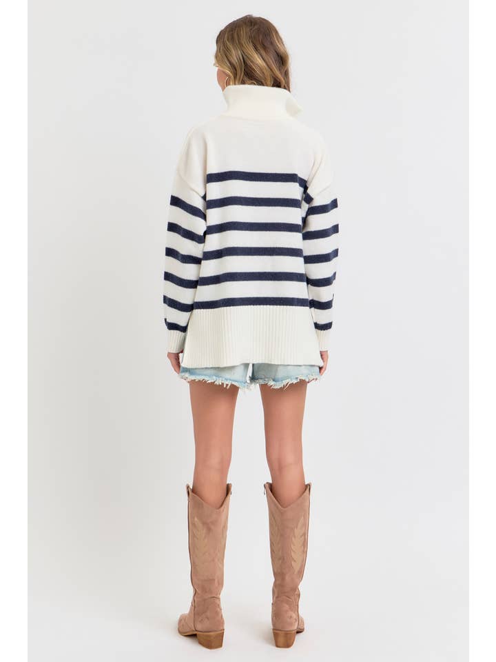 Sweet Lovely by Jen - Wholesale Knit Sweater - Women's - STRIPED ZIP-FRONT OVERSIZED PULLOVER KNIT SWEATER 19