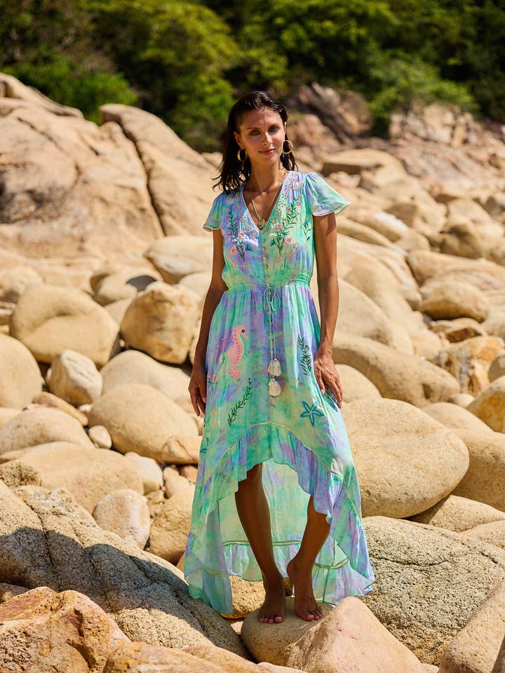 Asymmetrical long dress with floral embroidery, v-neck for wholesale by last queen